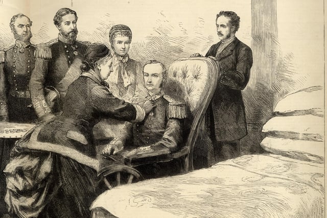 Illustration of a visit by Queen Victoria to Royal Haslar in 1882