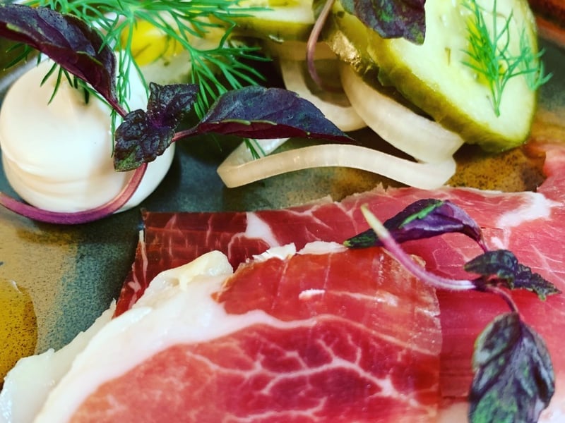 Iberico Ham, Pickled cucumber and acorn.
