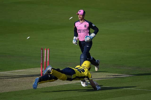 Mason Crane  is run out by John Simpson of Middlesex during Hampshire's Blast loss at Lord's. Photo by Alex Davidson/Getty Images.