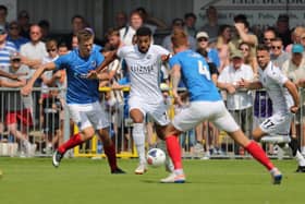 Jonah Ayunga, pictured in pre-season action against Pompey,  has scored 22 league and cup goals for Hawks in 2019/20. Photo by Dave Haines/Portsmouth News