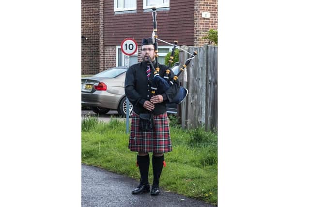 Matt Reynolds, 36 from Horndean, has been playing his bagpipes for neighbours during the weekly Clap For Carers