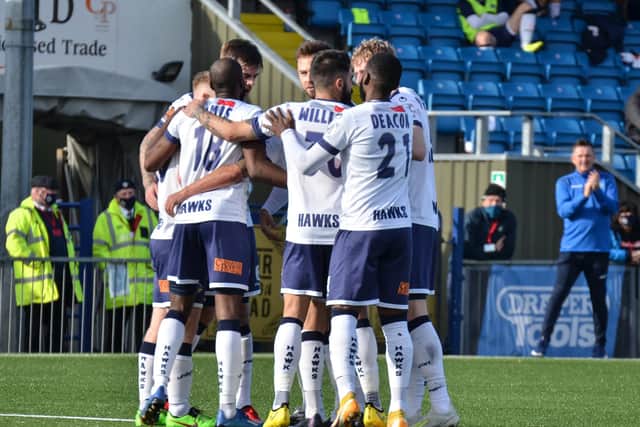 Hawks celebrate Tommy Wright's first half equaliser. Pic: Daniel Haswell.