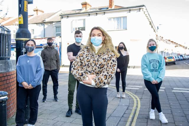 Students Violet Alikhani, Max Bloomberg, Jack Carroll, Tiffany Bennett, Claudia Ferreira and Daisy Crouch outside their home in Fawcett Road, Portsmouth on 25 January 2021.

Picture: Habibur Rahman