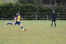 Jacob Payne completes his hat-trick at AFC Netley from the penalty spot. Picture: Dan (JMA Media).