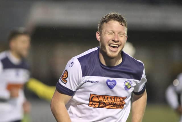 Tommy Wright has just scored one of his hat-trick goals against Chelmsford. Pic: Kieron Louloudis