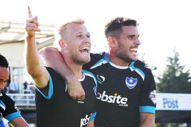 Jayden Stockley, left, celebrates scoring for Pompey at Bristol Rovers during his loan spell in 2015 with Gareth Evans. Picture: Joe Pepler