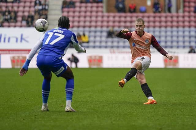 Pompey's Paddy Lane fires in a first-half shot against Wigan. Picture: Jason Brown/ProSportsImages