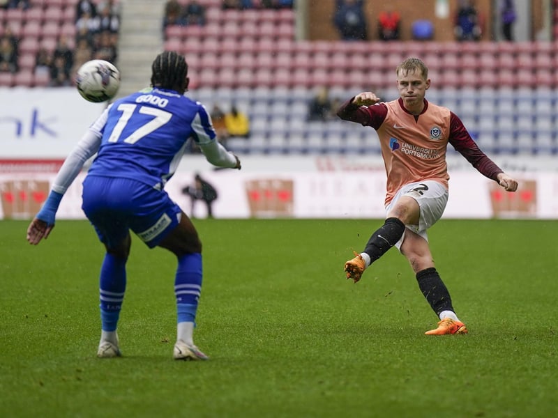Pompey's Paddy Lane fires in a first-half shot against Wigan. Picture: Jason Brown/ProSportsImages