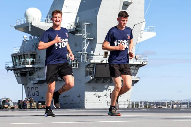 Sailors on HMS Prince of Wales take part in the launch event of the Tommy 10k national challenge, designed to support veterans across the UK. Photo: LPhot Ben Corbet