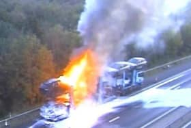 A vehicle transporter on fire on M27 eastbound link to M3. Pic Highways England