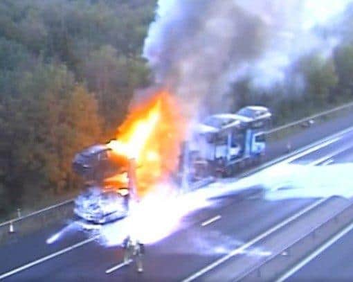 A vehicle transporter on fire on M27 eastbound link to M3. Pic Highways England