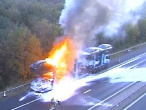 A vehicle transporter on fire on M27 eastbound link to M3. Pic Highways England