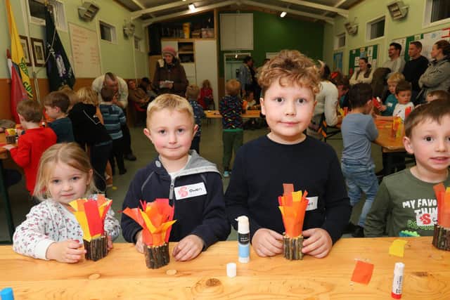 From left, Harriet, 4, Owen, 5, Lewis, 5, and George, 4, with their tissue paper campfires.
Picture: Chris Moorhouse   (jpns 031121-31)