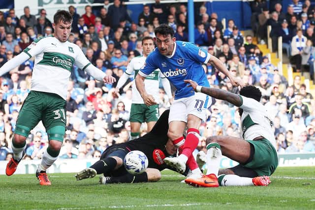 Gary Roberts scores during Pompey's 1-1 draw with Plymouth in April 2017. Picture: Joe Pepler