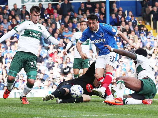 Gary Roberts scores during Pompey's 1-1 draw with Plymouth in April 2017. Picture: Joe Pepler