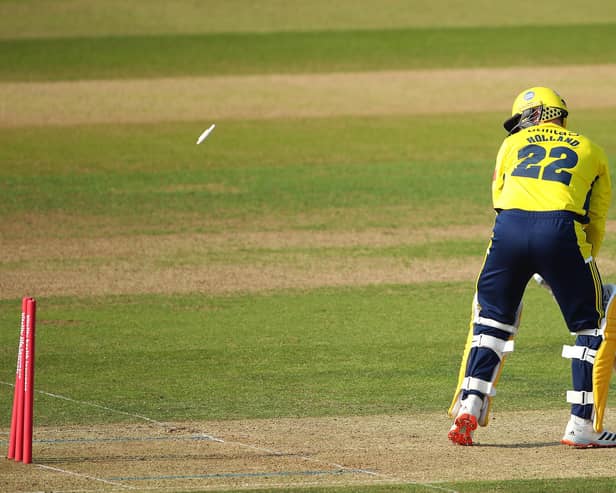 Ian Holland of Hampshire is bowled by Sam Cook. Photo by Warren Little/Getty Images.