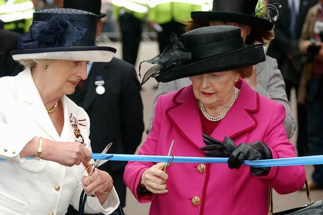 Dedication of Falklands Arch in West Street, Fareham - Baroness Thatcher and Lord Lieutenant of Hampshire Mary Fagan cut the tape officially unveiling the Falklands Arch. Picture: Jonathan Brady