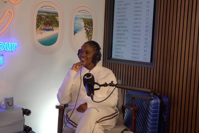 Oti Mabuse on set to chat travel with Russell Kane for season two of TUI's Pack your Bags podcast