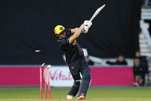 Glamorgan's Dan Douthwaite is bowled during Hampshire's win in Cardiff. Photo by Ryan Hiscott/Getty Images.