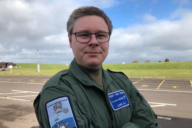 Luke Donaldson-Jones, 31, who works as a senior flight test engineer at Lockheed Martin’s base in Havant. Luke is pictured at Yeovilton working on the Crowsnest system.