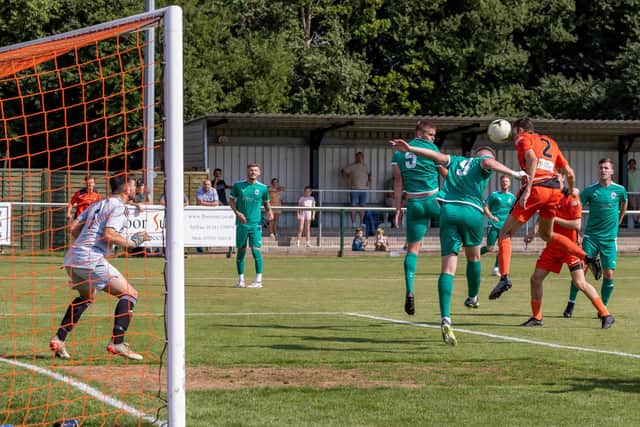Ryan Wilkins' header which put AFC Portchester 1-0 up. Picture: Mike Cooter