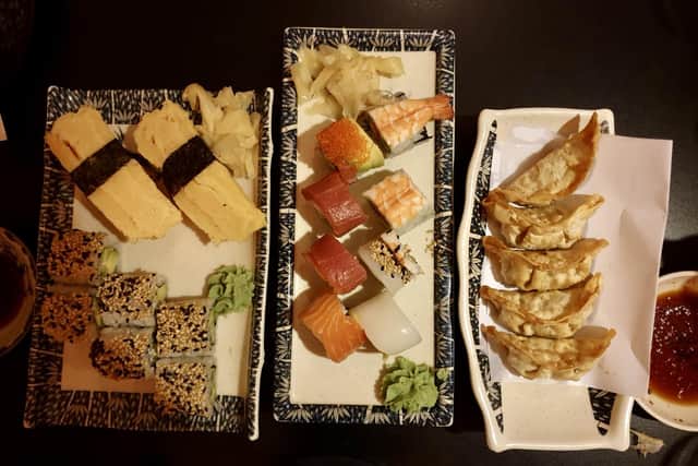 Vegetable California maki, vegetable gyoza and rainbow maki at Sakura in Albert Road.