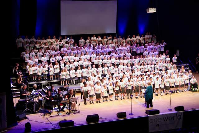Massed choir with children from across the city performing in the One World Showcase at Portsmouth Guildhall. Picture: Portsmouth Music Hub