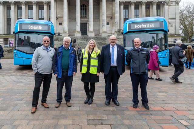 Members of the launch team at Guildhall Square. Pictured: Mark Sharp (Project Manager), Councillor Gerald Vernon-Jackson CBE (transport cabinet member), Ellie Irwin (Project Manager First Bus South), Tony Hosell (electric bus driver instructor) and David York (bus driver instructor). Picture: Mike Cooter (110324)