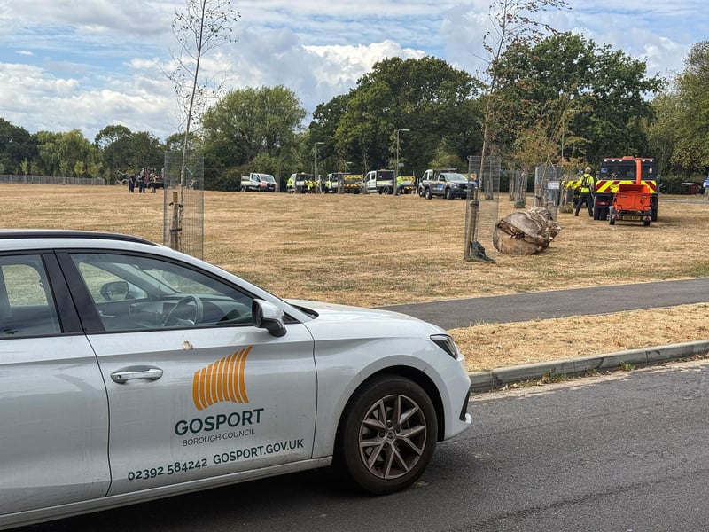 Travellers get a dusty welcome at a field in Rowner, Gosport on Monday. Gosport council vehicles surrounded the area shortly after the first caravans arrived to block further access.