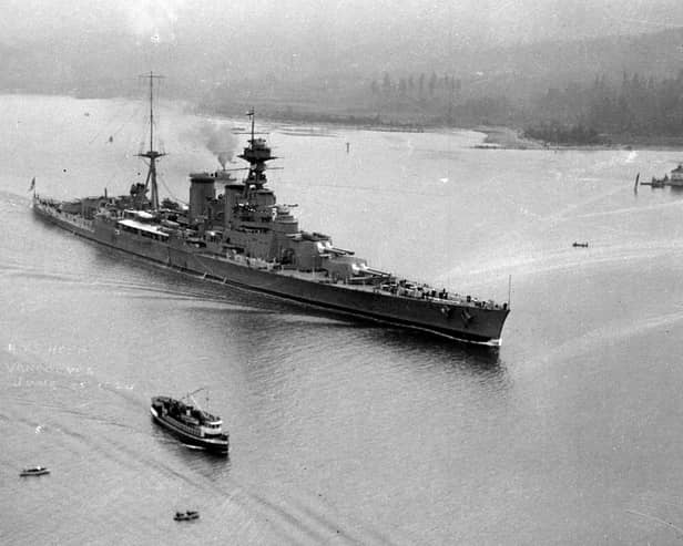 HMS Hood entering Vancouver harbour. Undated