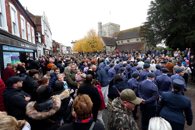 Havant Remembrance Sunday Service.

Pictured is action from the event.

The parade is taking place at St Faiths War Memorial with Deputy Lieutenant Major General James Balfour CBE DL in attendance, along with the Mayor of Havant, Alan Mak MP and the Leader of Havant Borough Council, Councillor Alex Rennie.
At 10.35 am the Parade leaves Royal British Legion Ex-servicemenâ€™s club, Brockhampton Lane, into Park Road South along Elm Lane before turning into North Street. Bagpiper Denton Smith will be accompanied by drums courtesy of Hampshire Caledonian Pipe Band. Then at 10.50 am the parade assembles at War memorial outside St Faiths Church ahead of an Act of Remembrance at the War Memorial outside St Faiths Church at 10.52am, followed by a two-minuteâ€™s silence at 11am. A Remembrance Service will then take place inside St Faiths Church.

Sunday 12th November 2023.

Picture: Sam Stephenson.