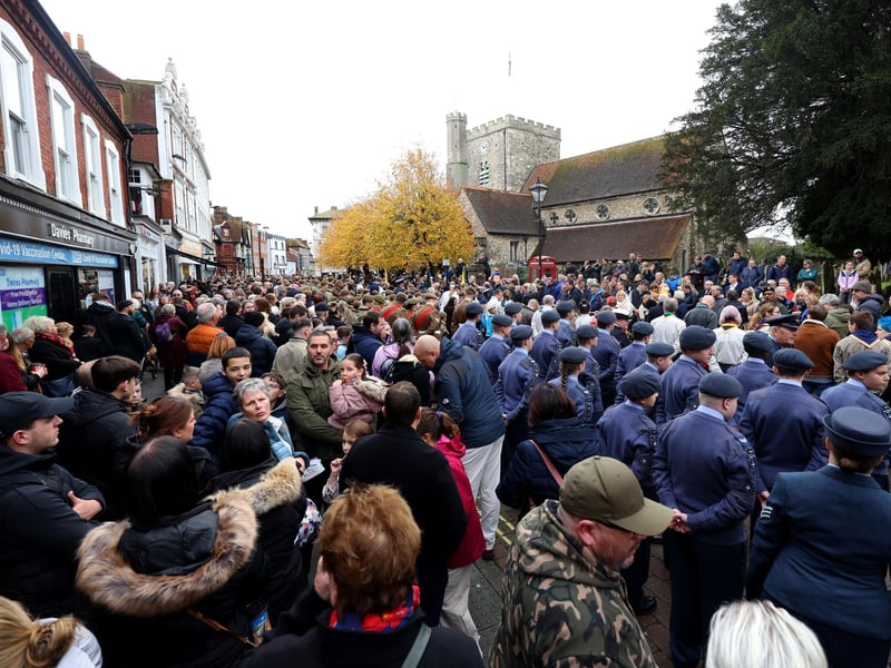 Havant Remembrance Sunday Service.Pictured is action from the event.The parade is taking place at St Faiths War Memorial with Deputy Lieutenant Major General James Balfour CBE DL in attendance, along with the Mayor of Havant, Alan Mak MP and the Leader of Havant Borough Council, Councillor Alex Rennie.At 10.35 am the Parade leaves Royal British Legion Ex-servicemenâ€™s club, Brockhampton Lane, into Park Road South along Elm Lane before turning into North Street. Bagpiper Denton Smith will be accompanied by drums courtesy of Hampshire Caledonian Pipe Band. Then at 10.50 am the parade assembles at War memorial outside St Faiths Church ahead of an Act of Remembrance at the War Memorial outside St Faiths Church at 10.52am, followed by a two-minuteâ€™s silence at 11am. A Remembrance Service will then take place inside St Faiths Church.Sunday 12th November 2023.Picture: Sam Stephenson.
