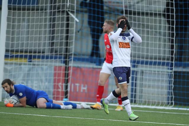 Joe Iaciofano reacts after his header was saved by Jordan Holmes. Photo by Dave Haines