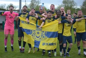 Moneyfields celebrate winning the Wessex League title with a 4-2 success at Laverstock & Ford. Picture by Charlotte Jeffes