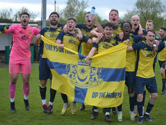 Moneyfields celebrate winning the Wessex League title with a 4-2 success at Laverstock & Ford. Picture by Charlotte Jeffes