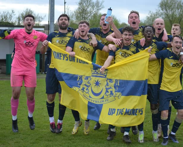 Moneyfields celebrate winning the Wessex League title with a 4-2 success at Laverstock & Ford. Picture by Charlotte Jeffes