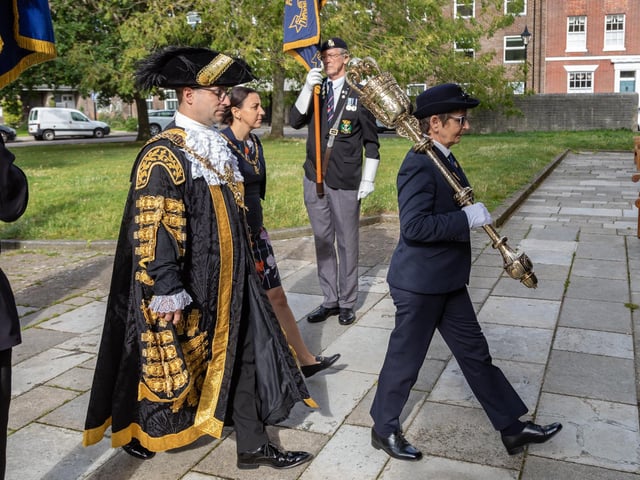 Tom and Nikki Coles, Lord Mayor and Lady Mayoress of Portsmouth, head the procession at the Service For Seafarers at Portsmouth Cathedral. Picture: Mike Cooter