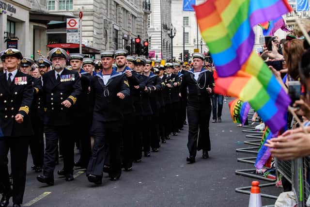 Armed forces personnel taking part in the London Gay Pride march in 2017.
Photographer: Sgt Rupert Frere RLC / MoD Crown