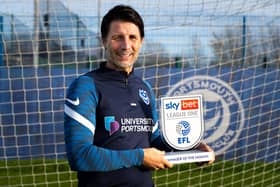 Pompey boss Danny Cowley with his Sky Bet League One Manager of the Month award for November Jason Brown/JMP