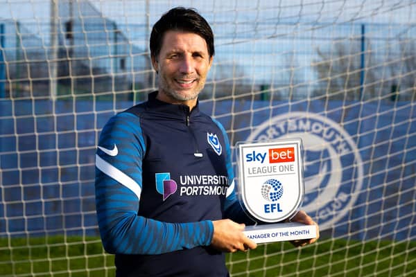 Pompey boss Danny Cowley with his Sky Bet League One Manager of the Month award for November Jason Brown/JMP