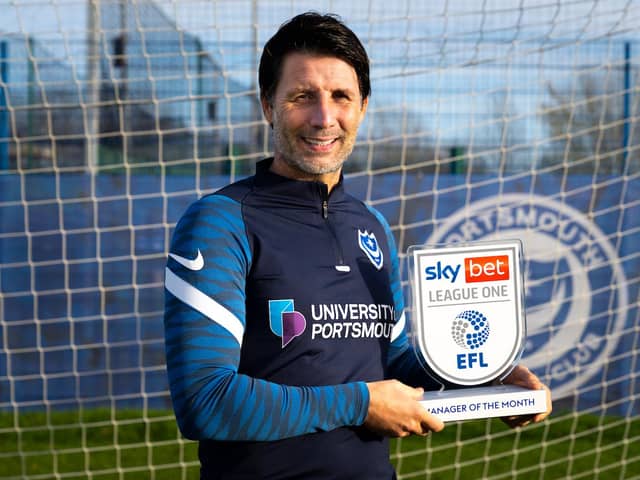 Pompey boss Danny Cowley with his Sky Bet League One Manager of the Month award for November Jason Brown/JMP