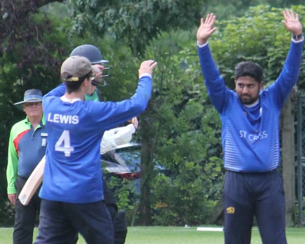 Rakshith Rao celebrates one of his five wickets at Sarisbury. Picture: Roy Honeybone