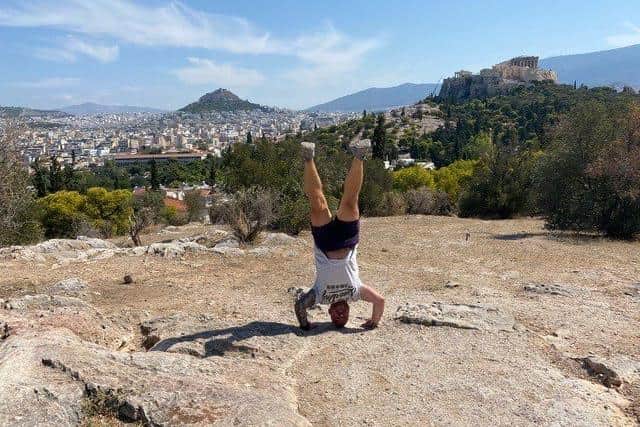 Gethin Jones, from Southsea, during his training for the Three Peaks headstand challenge