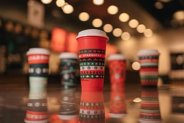 Starbucks holiday cups. Picture: Starbucks/Connor Surdi