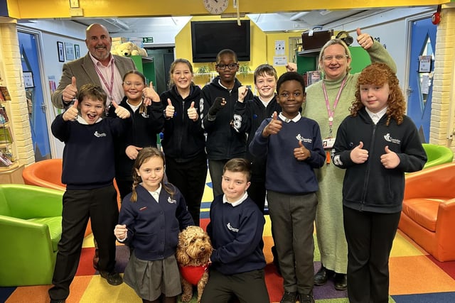 Stamshaw Junior School has received a good Ofsted following its recent inspection which was published on January 16, 2024. Pictured: Back left to right:  Rob Jones (Headteacher), Frankey Simmonds, Demi Port, Aoife Staley,  Ayu Temilade, Sid Pushman- Viner (head boy),   Kofi Oppong, Sam Cantini (Deputy Head) Poppy Bray (Head girl)Seated:  Lydia White, Franklin Roy, Buddy the school dog.
