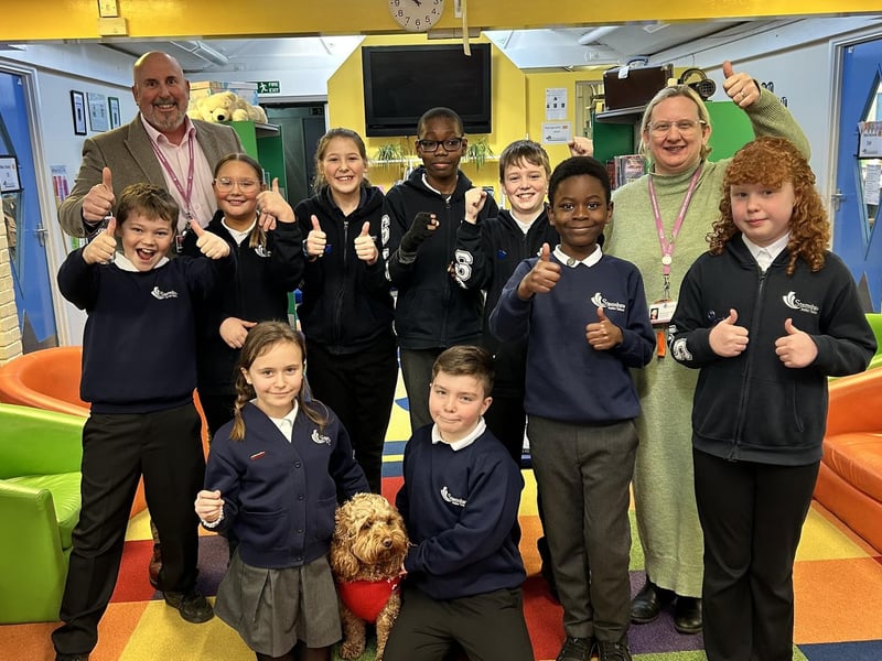Stamshaw Junior School has received a good Ofsted following its recent inspection which was published on January 16, 2024.   Pictured: Back left to right:  Rob Jones (Headteacher), Frankey Simmonds, Demi Port, Aoife Staley,  Ayu Temilade, Sid Pushman- Viner (head boy),   Kofi Oppong, Sam Cantini (Deputy Head) Poppy Bray (Head girl) Seated:  Lydia White, Franklin Roy, Buddy the school dog.
