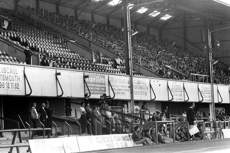 Fratton Park Portsmouth football club South Stand with Portsmouth playing Leicester. 29th August 1988. Picture: The News 0359-5