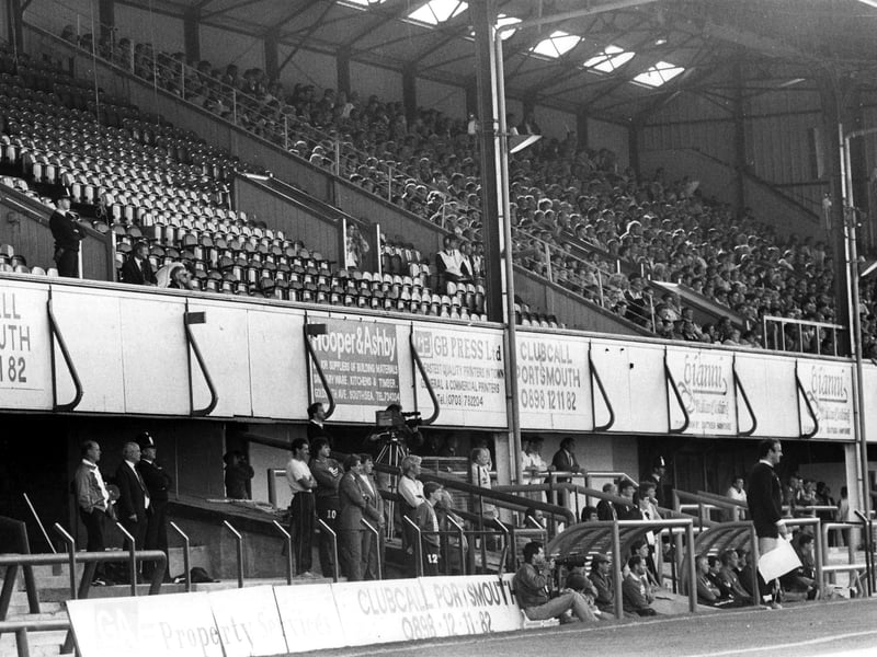 Fratton Park Portsmouth football club South Stand with Portsmouth playing Leicester. 29th August 1988. Picture: The News 0359-5