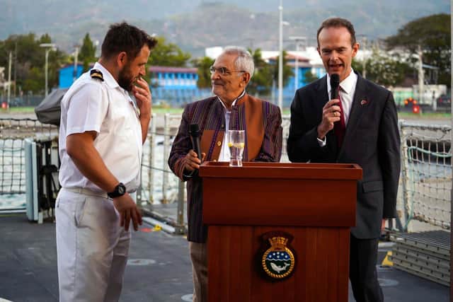 Spey's CO with Timor Leste's president and UK Ambassador Dominic Jermey. Picture: Royal Navy.