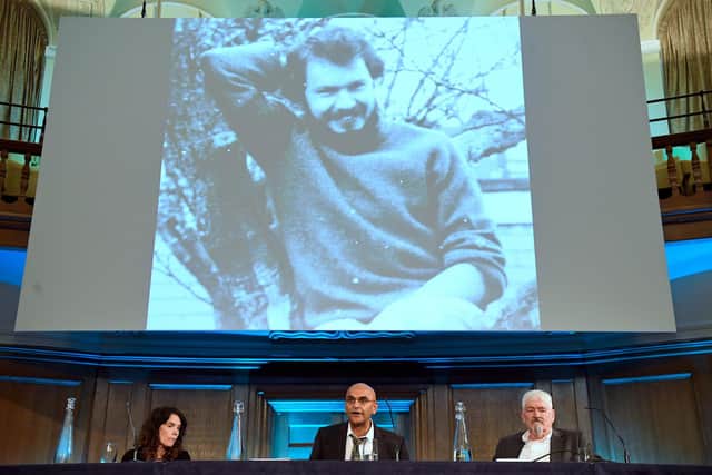 Alastair Morgan (right), the brother of murdered private investigator Daniel Morgan, with his partner Kirsteen Knight and family solicitor Raju Bhatt (centre)
speaking to the media following the publication of the Daniel Morgan Independent Panel report, at Church House, in Westminster, central London. The report has accused the Metropolitan Police of "a form of institutional corruption" for concealing or denying failings over the unsolved murder of Mr Morgan. Picture date: Tuesday June 15, 2021. PA Photo. Mr Morgan, a father-of-two, was killed with an axe in the car park of the Golden Lion pub in Sydenham, south-east London, on March 10 1987. Despite five police inquiries and an inquest, no-one has been brought to justice over Mr Morgan's death, with the Metropolitan Police admitting corruption had hampered the original murder investigation. Picture: Kirsty O'Connor/PA Wire